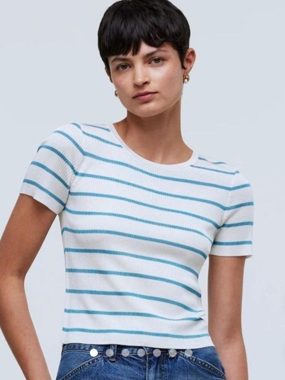 Madewell Cropped Crewneck Sweater Tee in Stripe in shaded aqua